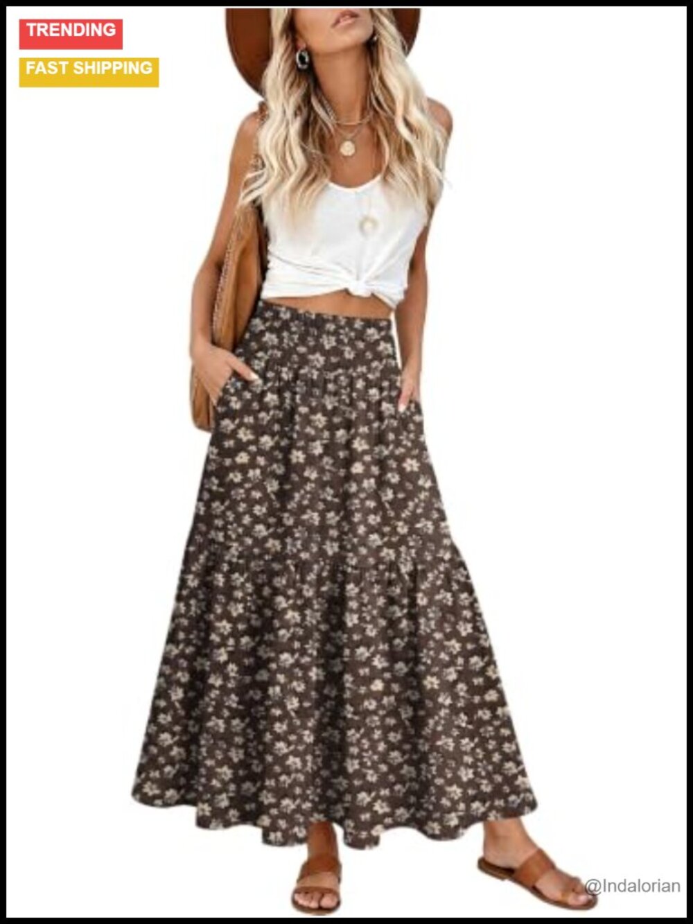 Women's Flowy Maxi Skirt High Waisted A-Line Pleated Boho Beach Long Skirt